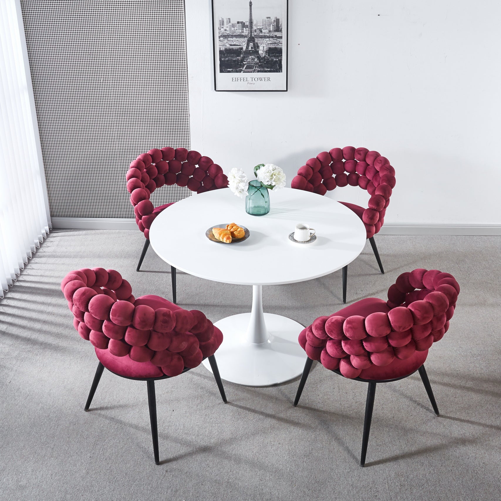 Wine Red Modern Chair Set Of 2 With Golden Color Iron Tube Legs, Soft Cushions And Comfortable Backrest, Suitable For Dining Room, Living Room, Cafe,Hairball Back Wine Red Fabric