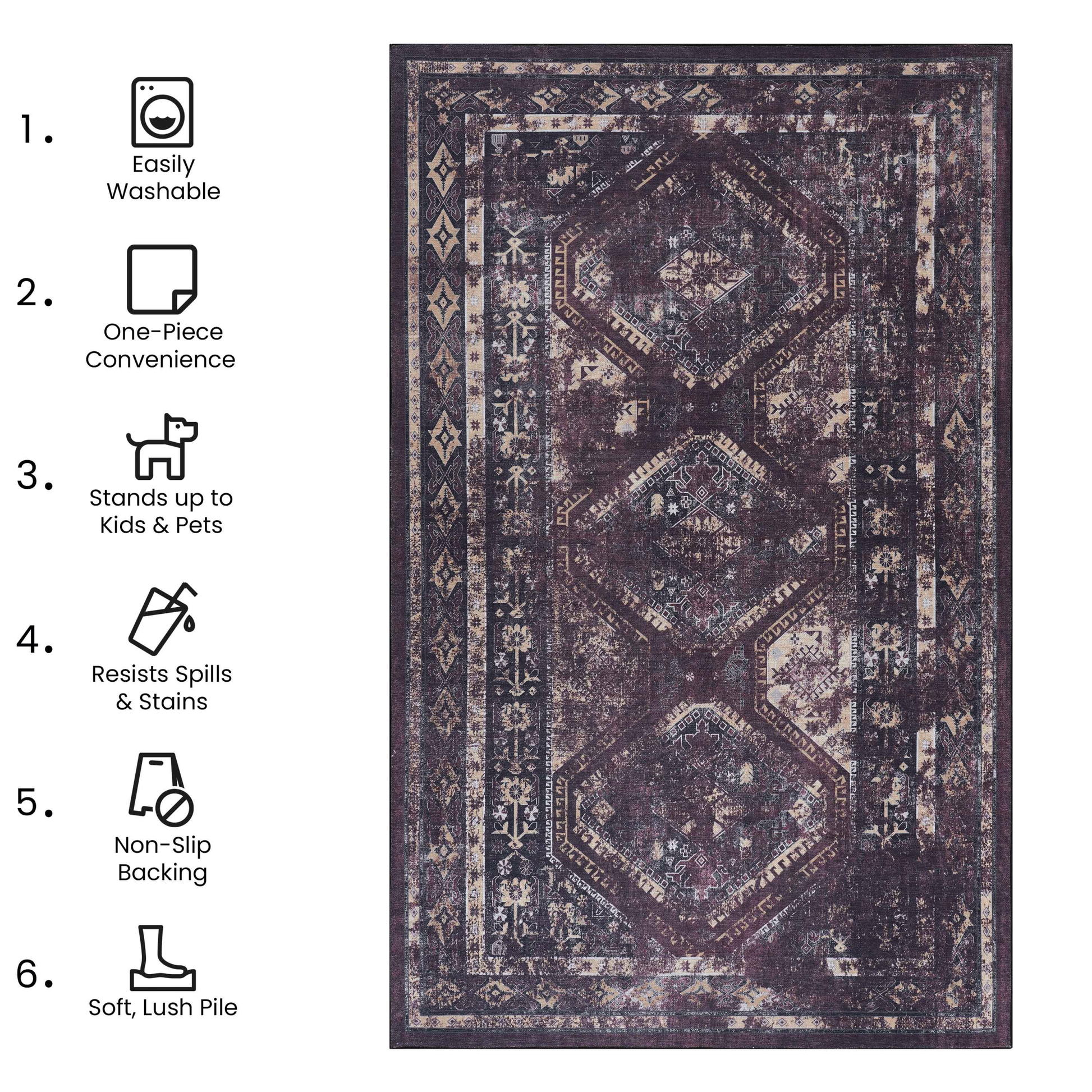 4X6 Area Rugs, Washable Rug, Low Pile, Non Slip, Non Shedding, Foldable, Kid & Pet Friendly Area Rugs For Living Room, Bedroom, Kitchen, Dining Room Rug Perfect Gift, Black Burdy, 4'X 6' Black Burgundy Chenille Polyester