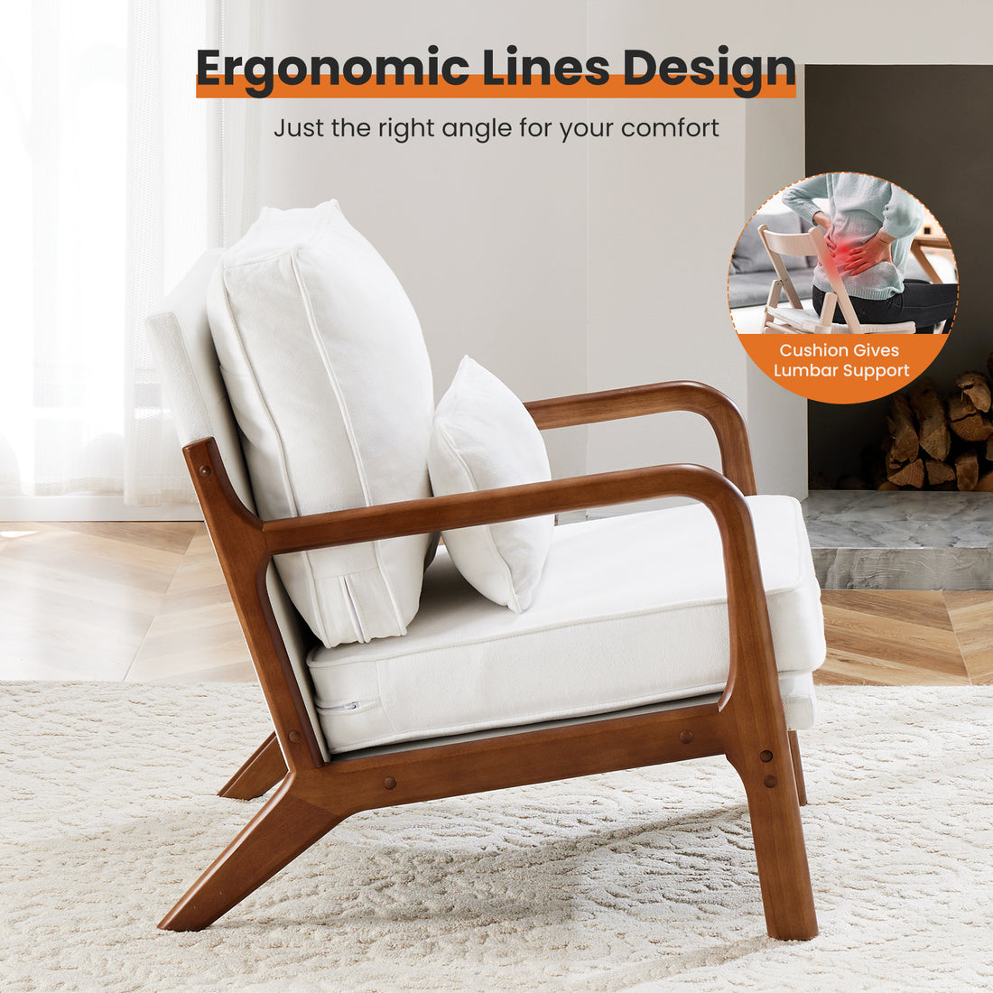 Chair With Lumbar Pillow, Lounge Arm Chairs, Linen Fabric Comfy Reading Chair With Wood Frame For Living Room Beige Acacia Wood