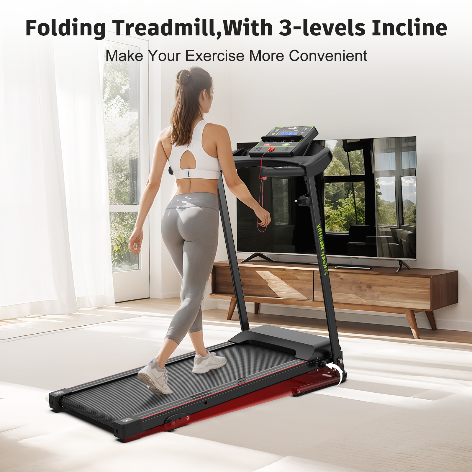 Folding Treadmill With Incline 2.5Hp 12Km H Electric Treadmill For Home Foldable, Bluetooth Music Cup Holder Heart Rate Sensor Walking Running Machine For Indoor Home Gym Exercise Fitness Black Stainless Steel