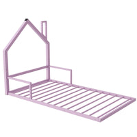 Twin Size Metal Floor Bed With House Shaped Headboard, Pink Box Spring Not Required Twin Pink Metal Bedroom Bed Frame Metal