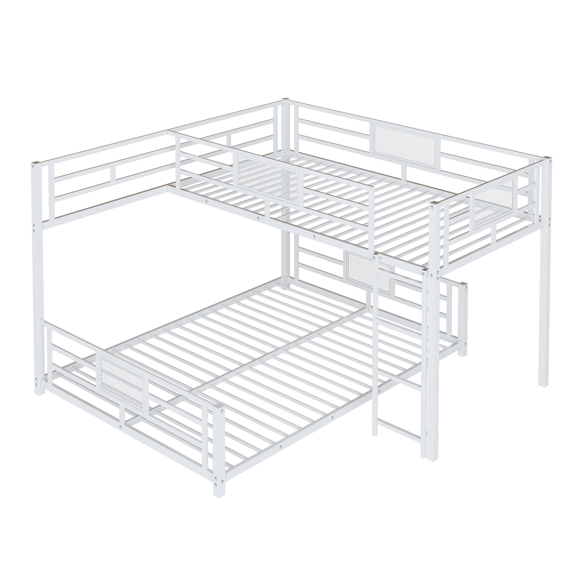 L Shaped Metal Twin Over Full Size Bunk Bed, White Box Spring Not Required White Metal Metal