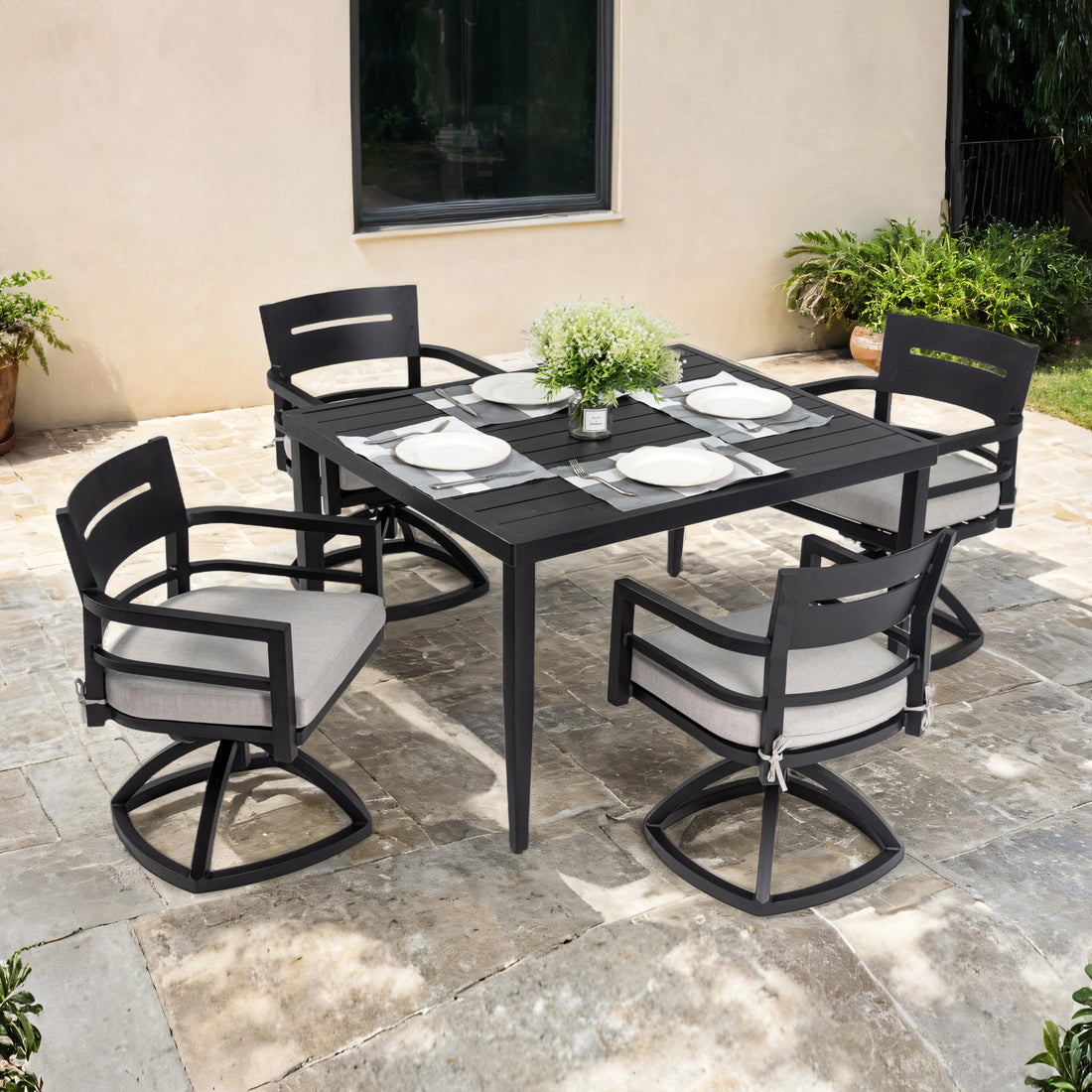 5 Piece Outdoor Patio Aluminum Furniture, Modern Dining Set, Including 4 Swivel Rockers Sunbrella Fabric Cushioned And 40" Square Dining Table With Umbrella Hole, Ember Black Yes Dining Set Ember