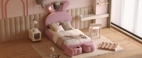 Twin Size Upholstered Platform Bed With Cartoon Ears Shaped Headboard And Light, Pink Box Spring Not Required Twin Pink Wood Bedroom Bed Frame Velvet Upholstered