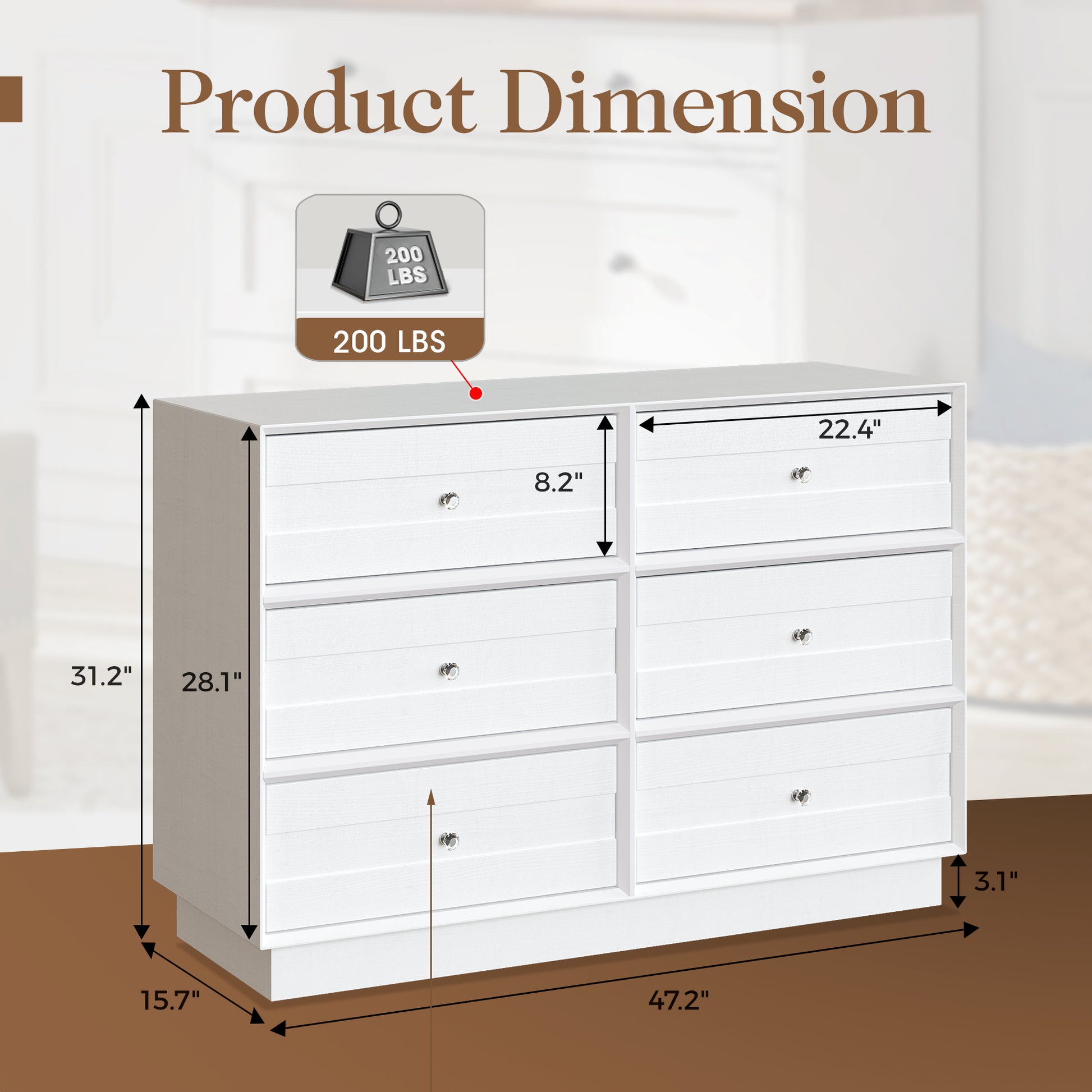 6 Drawer Dresser, Modern Closet Dressers Chest Of Drawers With Crystal Knobs & Decorative Painted Strip White White Wood