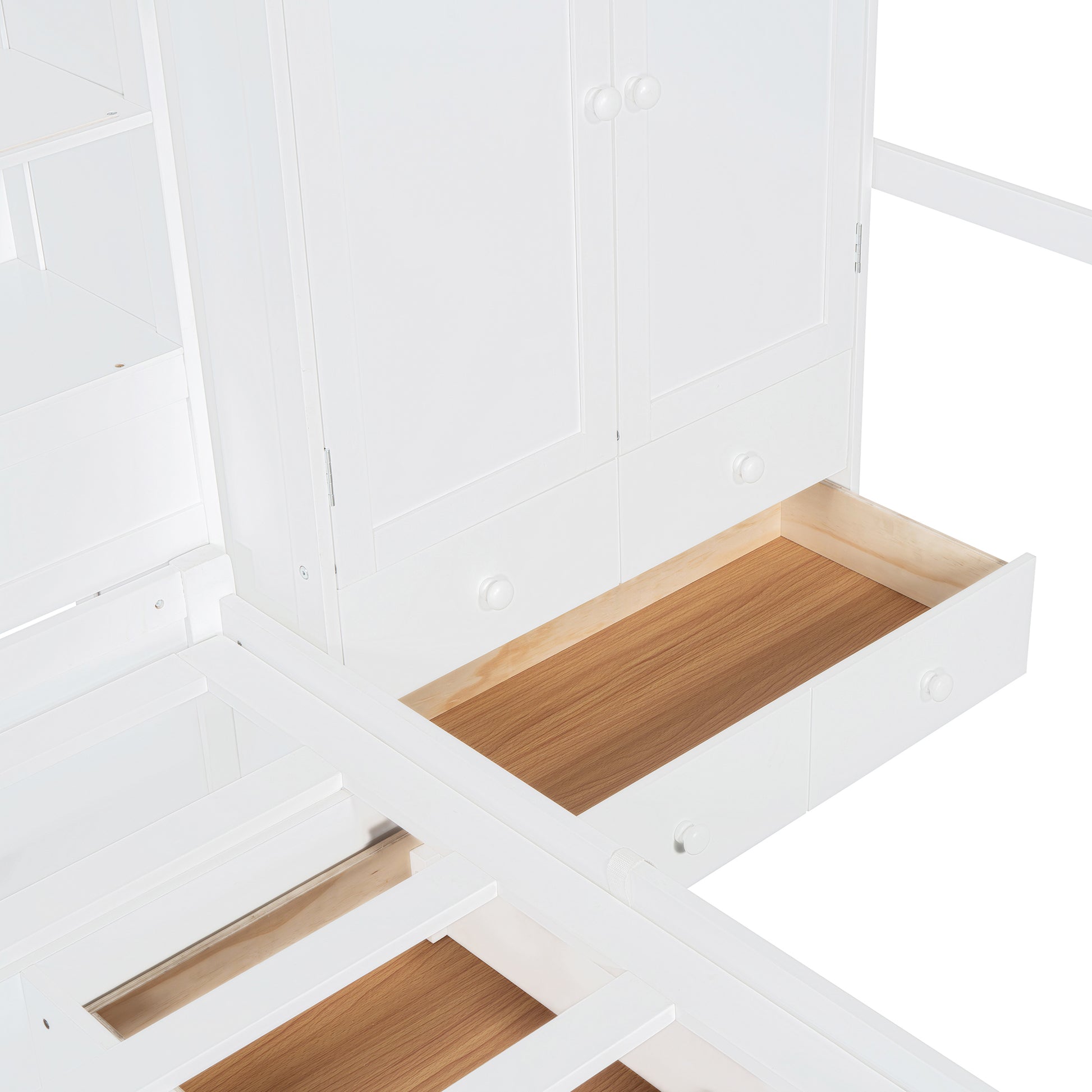 Twin Bunk Bed With Drawers, Wardrobe, Storage Shelves And Hydraulic Bed,White White Mdf Lvl