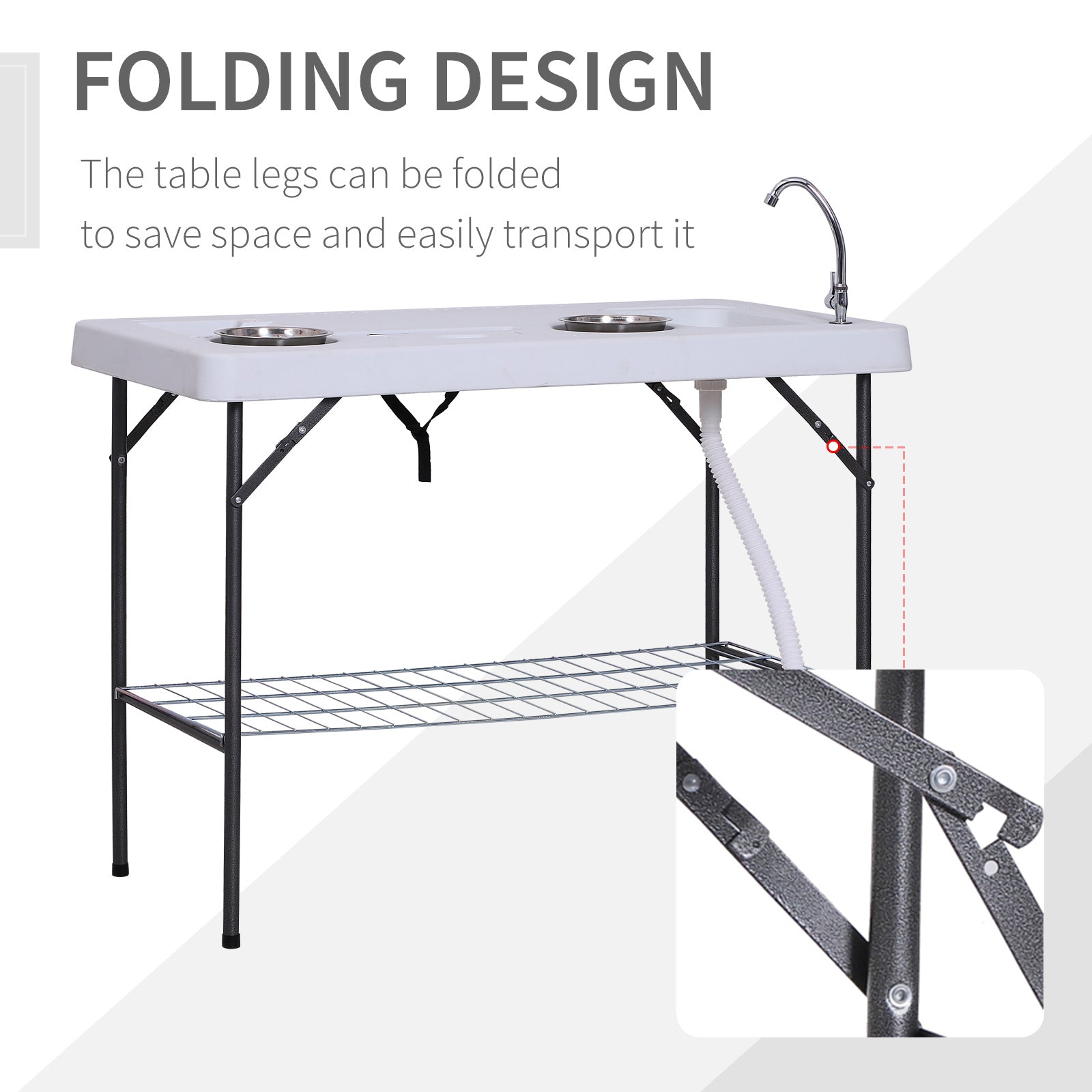 Outsunny Folding Fish Cleaning Table With Sink, Portable Camping Table With Faucet Drainage Hose, Grid Rack And Fish Cleaning Kit For Picnic, Fishing, 50" White Metal