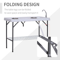 Outsunny Folding Fish Cleaning Table With Sink, Portable Camping Table With Faucet Drainage Hose, Grid Rack And Fish Cleaning Kit For Picnic, Fishing, 50" White Metal