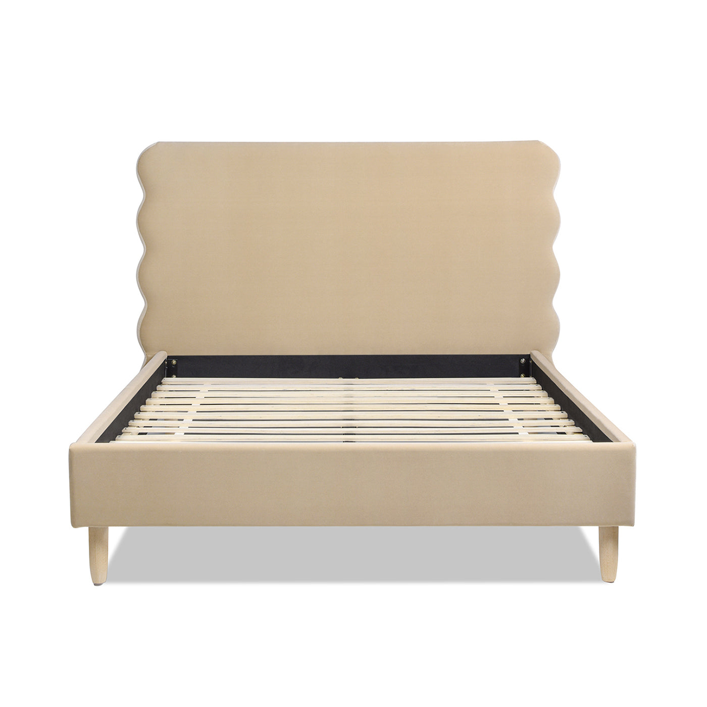 Stockholm Modern Wavy Headboard Platform Bed, Queen, Fawn Brown Performance Velvet Box Spring Not Required Queen Brown Wood Foam Velvet Velvet