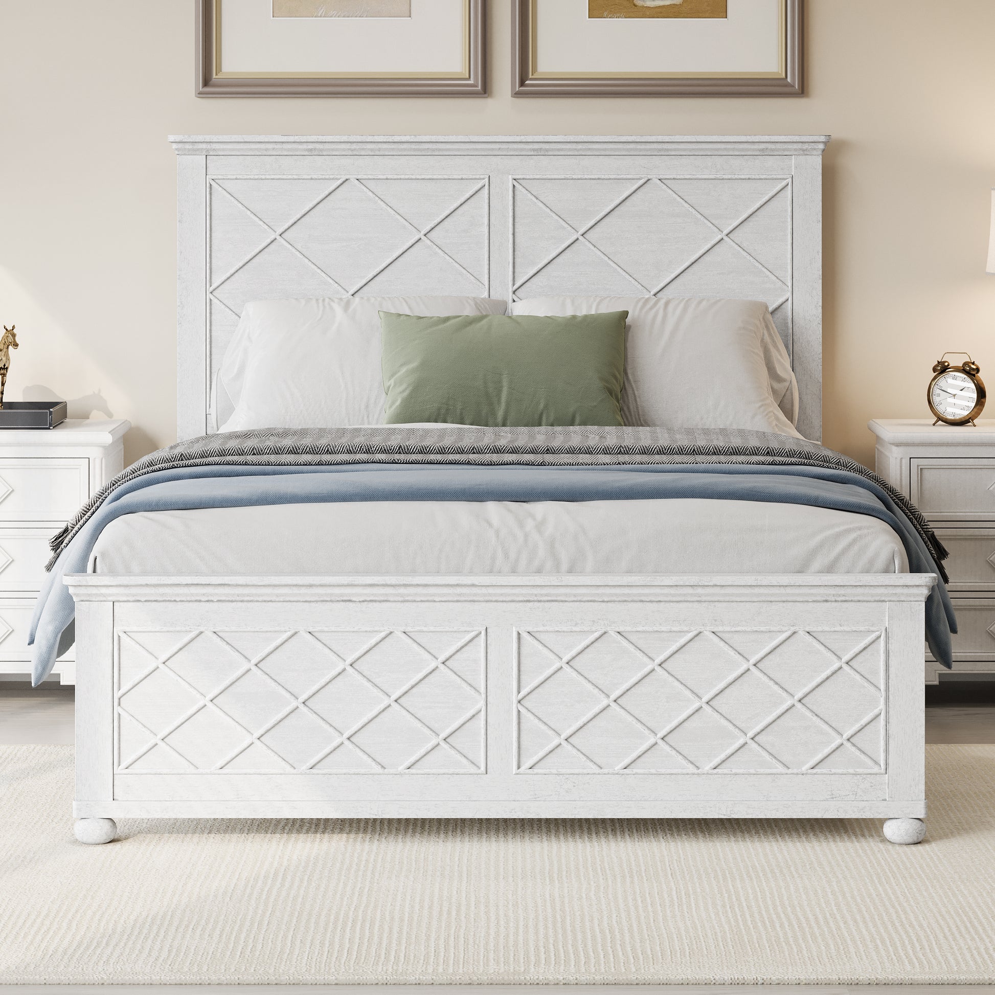 Coastal Farmhouse Solid Wood King Size Bed Frame,Antique White Box Spring Not Required King Antique White Wood Bedroom Farmhouse,Traditional,Vintage Bed Frame Wood