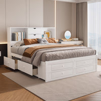 King Size Platform Bed With Storage Headboard And 8 Drawers, White Box Spring Not Required King White Wood Bedroom Bed Frame Solid Wood Mdf