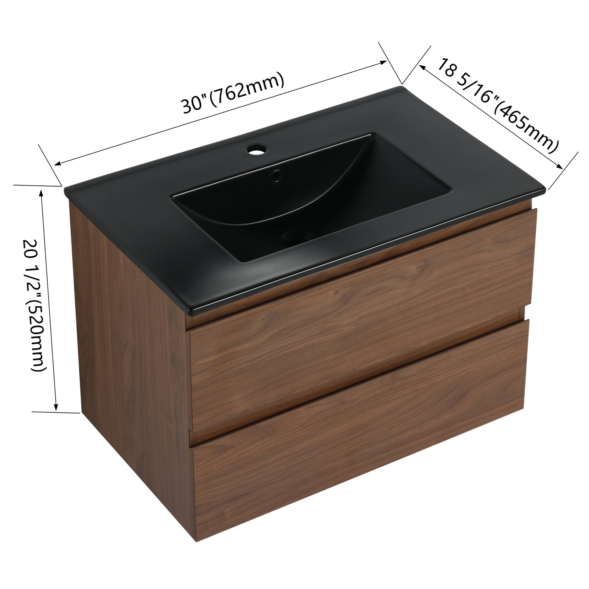 30" Wall Mounted Bathroom Vanity With Black Ceramic Sink, 2 Soft Close Drawers, Kd Package 2 Brown Oak Bathroom Wall Mounted Modern Plywood