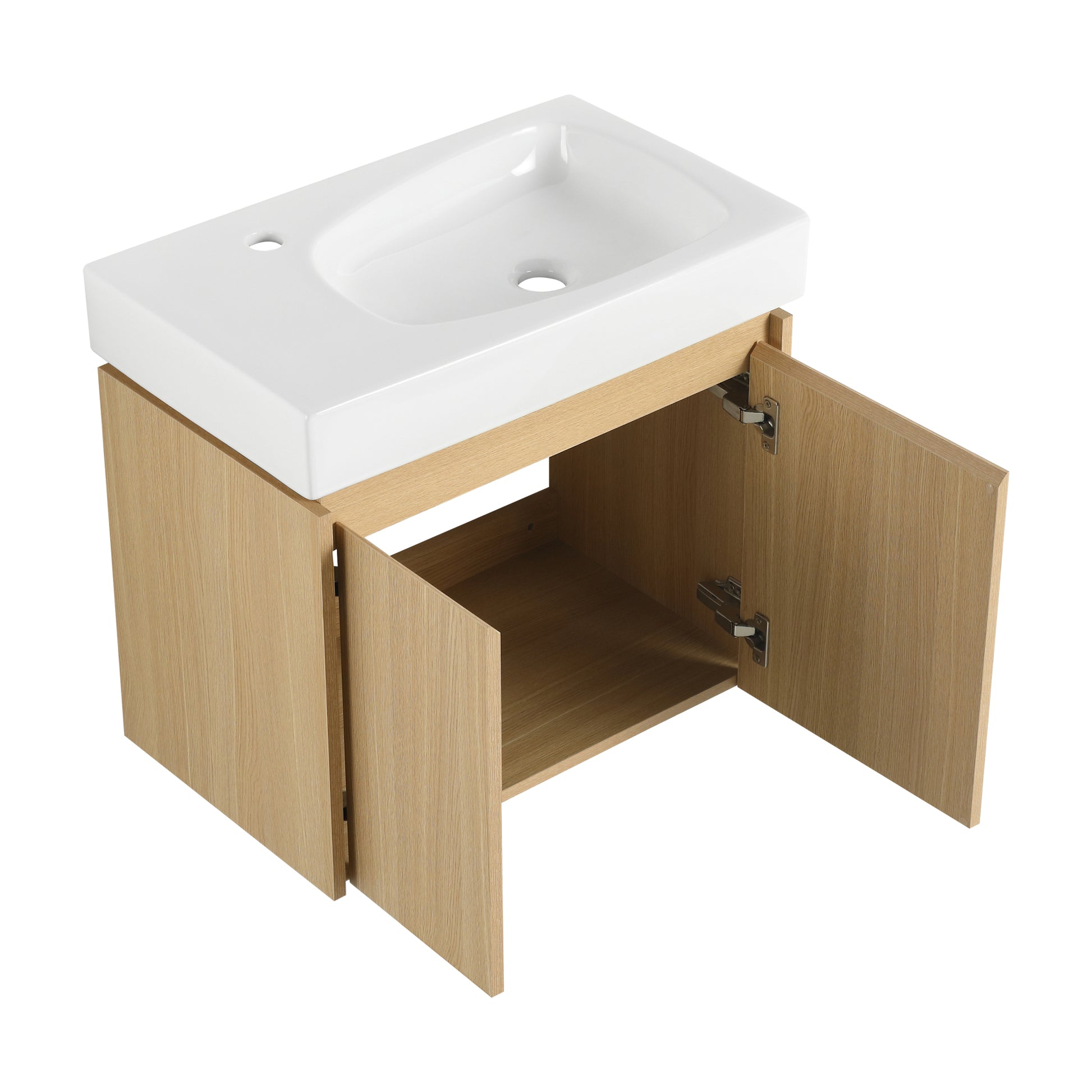 24 Inch Bathroom Vanity With Basin, Wall Mounted Floating Vanity Sink Combo, Wooden Storage Cabinet With Double Doors For Bathroom,Oak Oak Bathroom American Design Engineered Wood