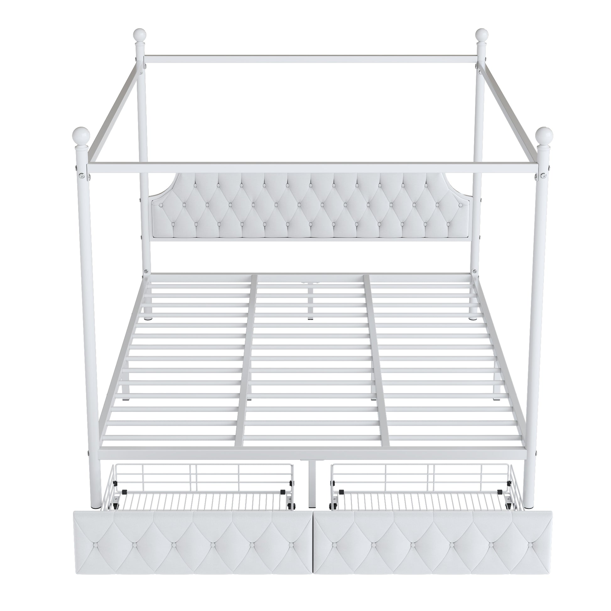 King Size Metal Canopy Platform Bed With Upholstered Headboard And Two Storage Drawers, White King White Metal