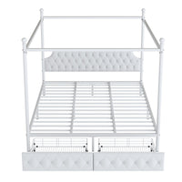 King Size Metal Canopy Platform Bed With Upholstered Headboard And Two Storage Drawers, White King White Metal