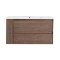 36" Wall Mounting Bathroom Vanity With Ceramic Sink, Soft Close Drawer 2 Brown Oak 1 Bathroom Wall Mounted Modern Plywood