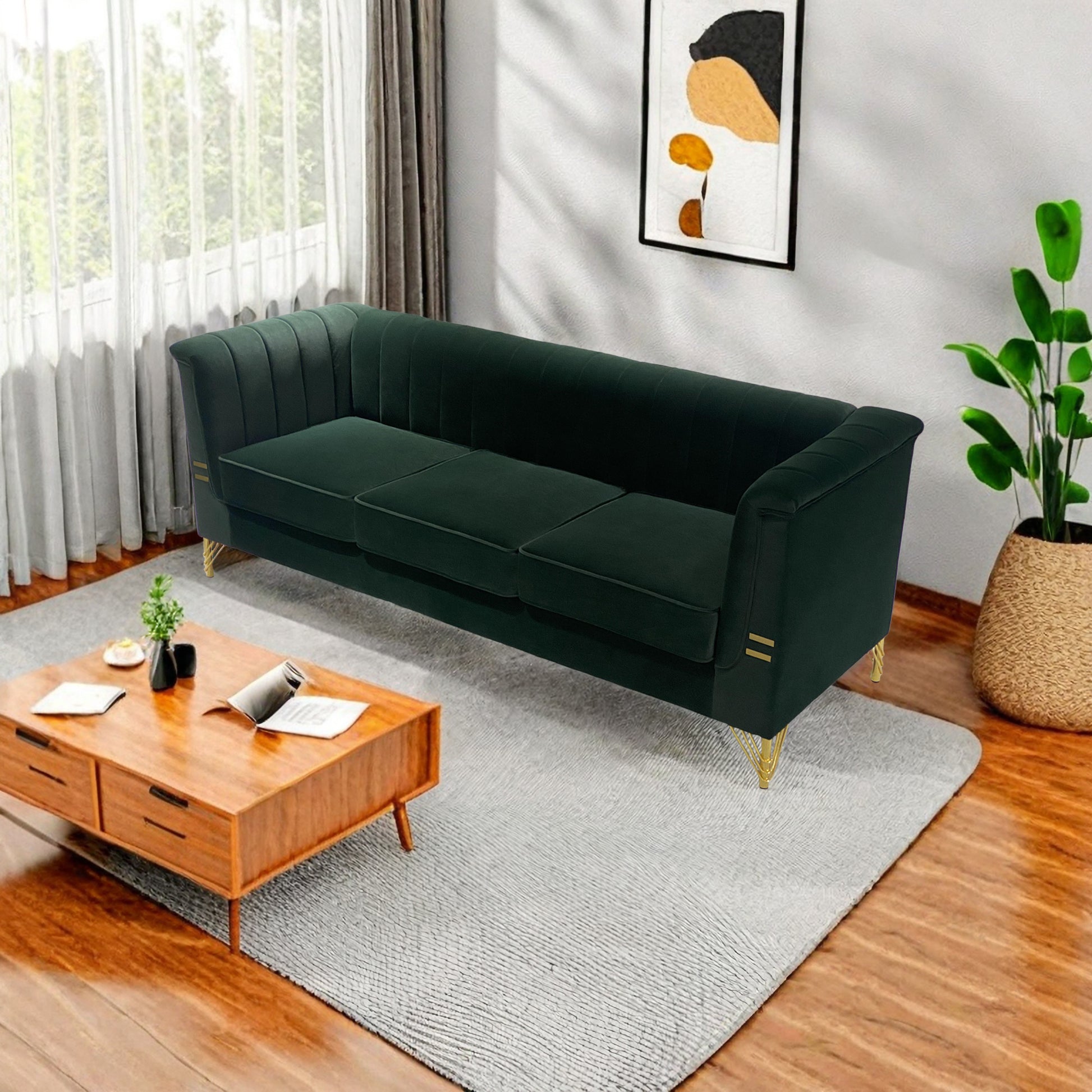 Fx P82 Gr Sofa 82.67'' W Velvet Sofa, Mid Century Sofa Furniture Chesterfield Couch For Living Room Sofa, Green Green Velvet 3 Seat