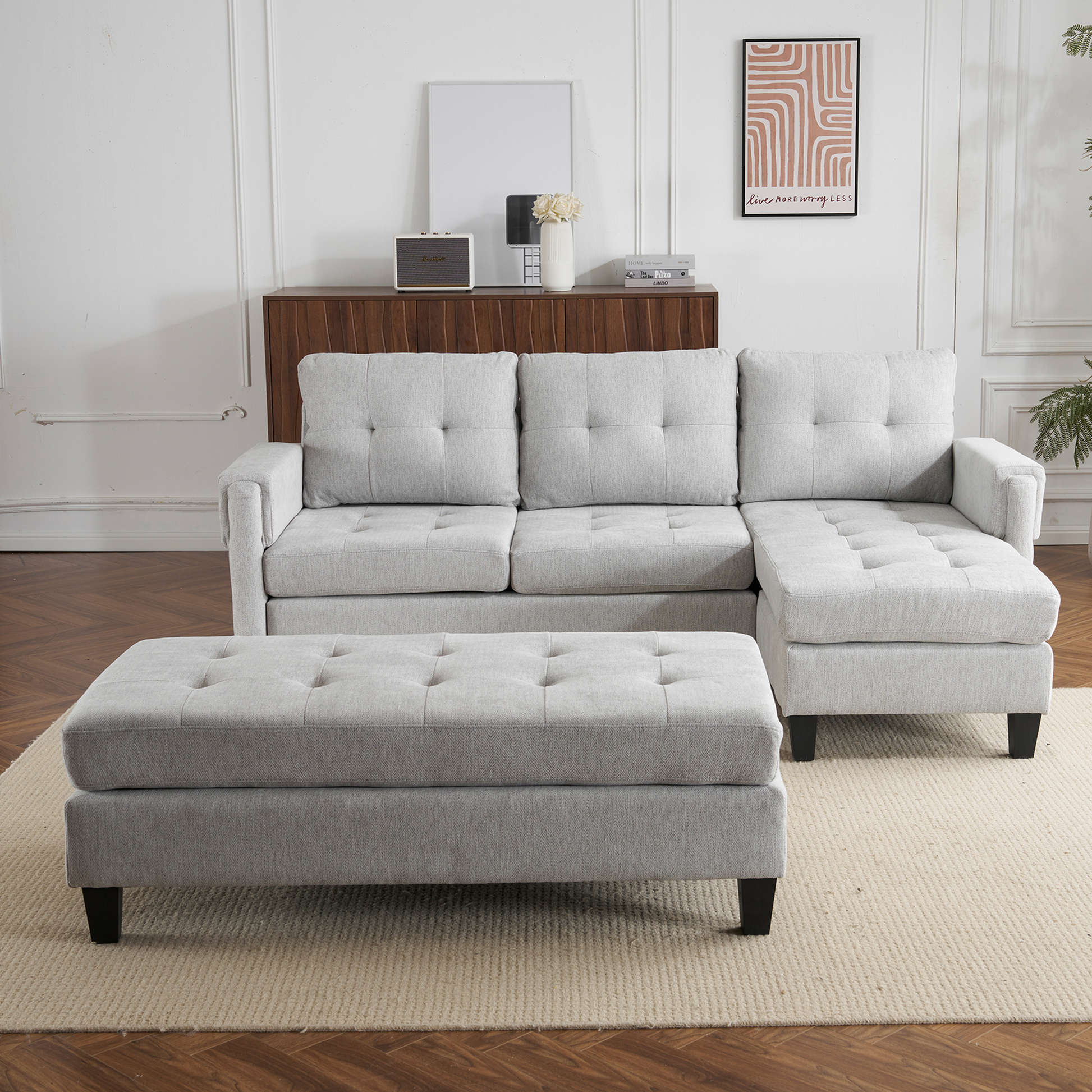 83.4" L Shaped Sofa Sectional Couch Sofa Bed With Two Usb Ports, A Movable Ottoman And A Reversible Chaise Lounge For Living Room, Grey Grey Foam Chenille 5 Seat