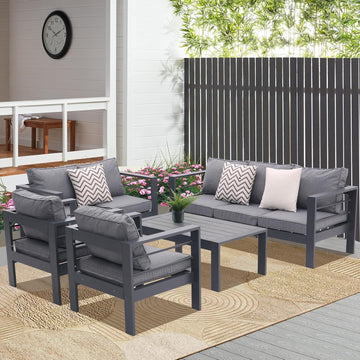 5 Piece Aluminum Outdoor Patio Conversation Set,All Weather Sectional Sofa Outside Furniture With Removable Cushions And Tempered Glass Coffee Table For Courtyard,Poolside,Deck,Balcony Grey Yes Grey Weather Resistant Frame Aluminium