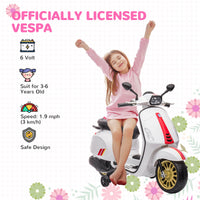 Qaba Vespa Licensed Electric Motorcycle For Kids, 6V Toddler Motorcycle, Battery Operated Motorbike For Kids With Music, Fm Radio, Headlight, Single Button Start For 3 6 Years, White White Plastic