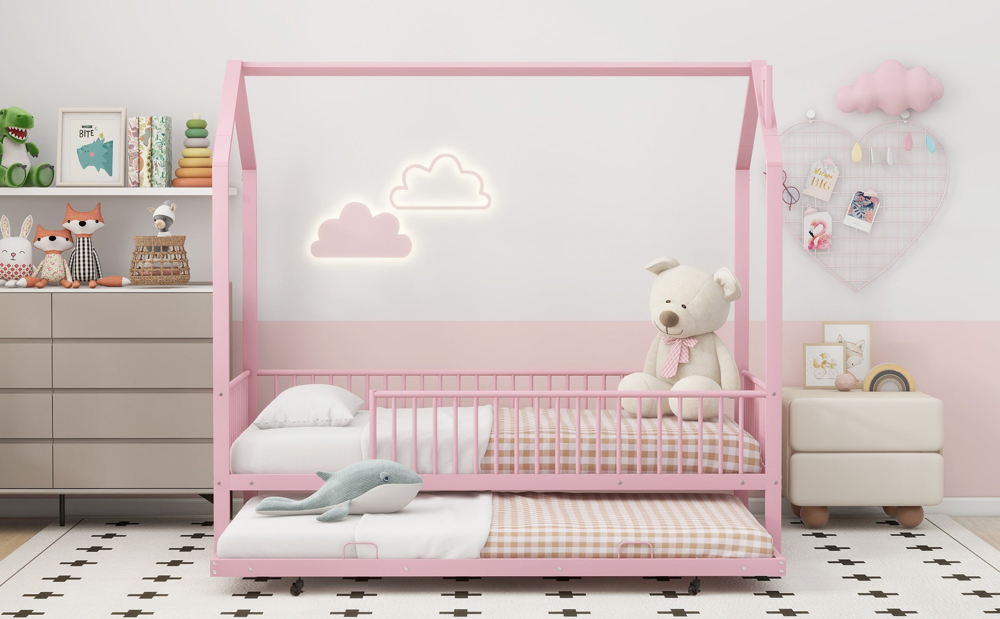 Twin Size Metal House Bed With Fence, With Trundle, Pink Expected Arrival Time: 10.18 Twin Pink Metal