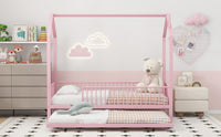 Twin Size Metal House Bed With Fence, With Trundle, Pink Expected Arrival Time: 10.18 Twin Pink Metal