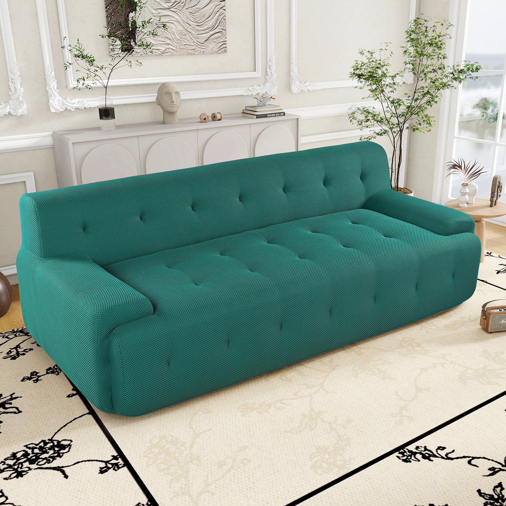 86.2'' Modern Minimalist Style Tufted Design Upholstered Sofa, 3 Seat Compression Sofa For Living Room, Bedroom, And Apartment Green Polyester 3 Seat