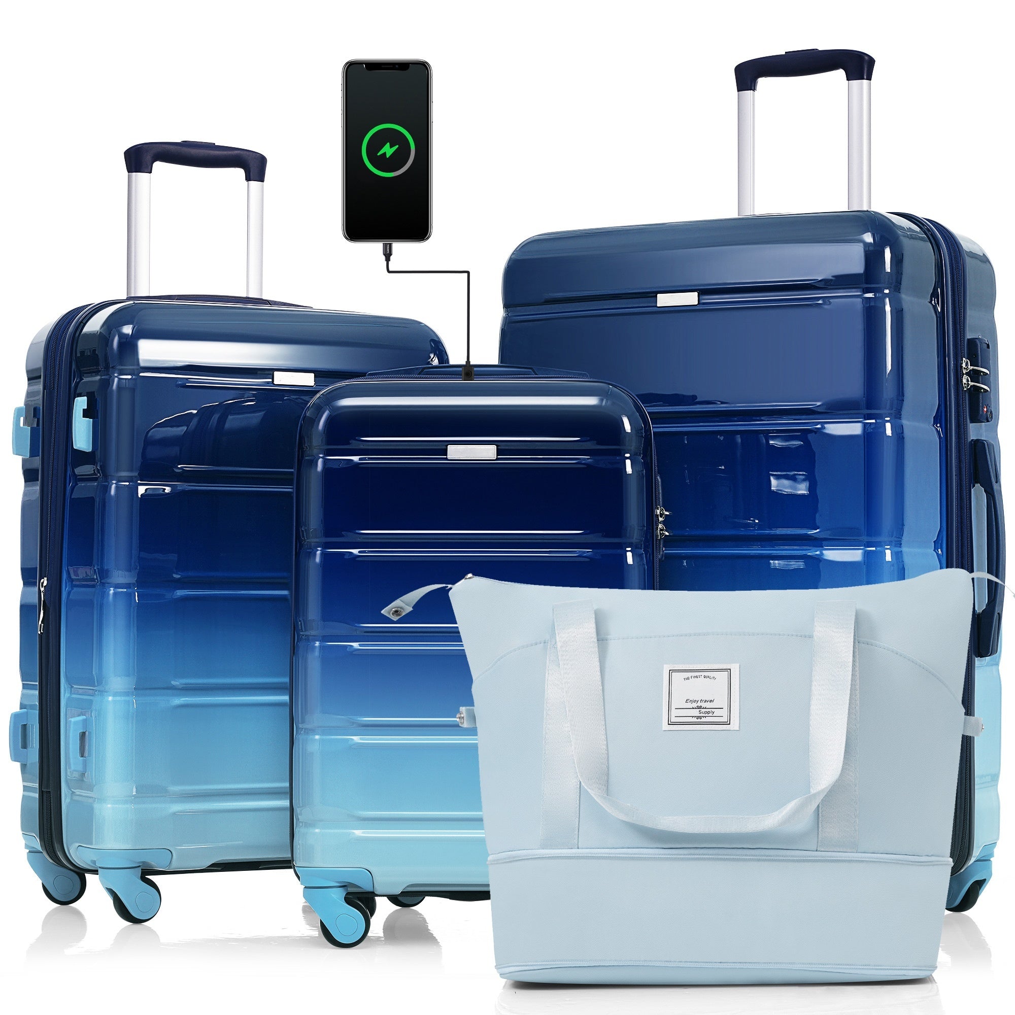 Luggage Sets 4 Piece, 20 Inch With Usb Port, Expandable Abs Durable Suitcase With Travel Bag, Cup Holder, Abs Pc Hard Shell Luggage With Spinner Wheels, Gradient Blue Blue Abs Pc