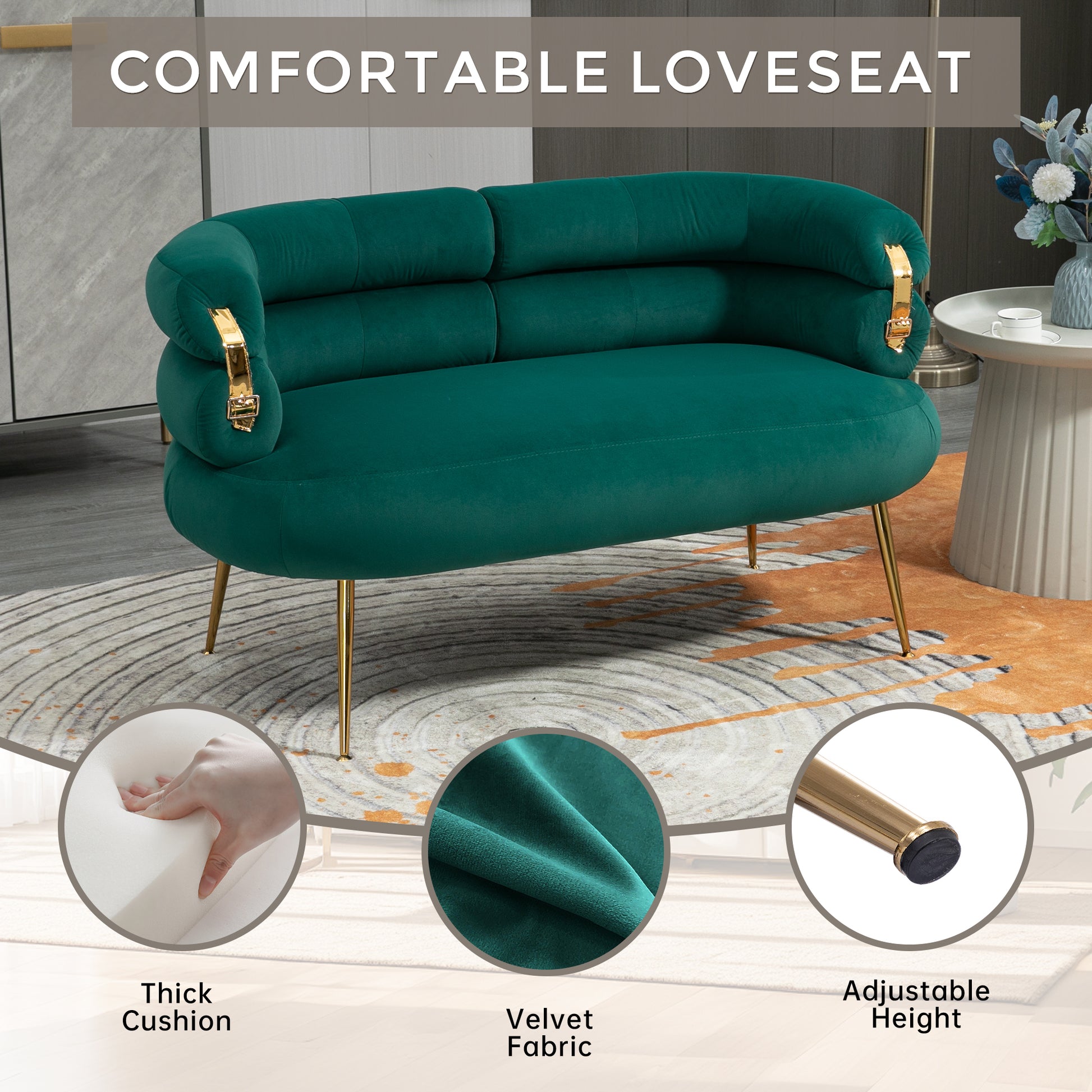 Coolmore Small Loveseat Sofa, Upholstered Mini Couch With Curved Backrest With Stylish Golden Decor, Small Comfy Beautiful Seat Leisure Accent Couch For Living Room, Bedroom, Office Green Green Foam Velvet