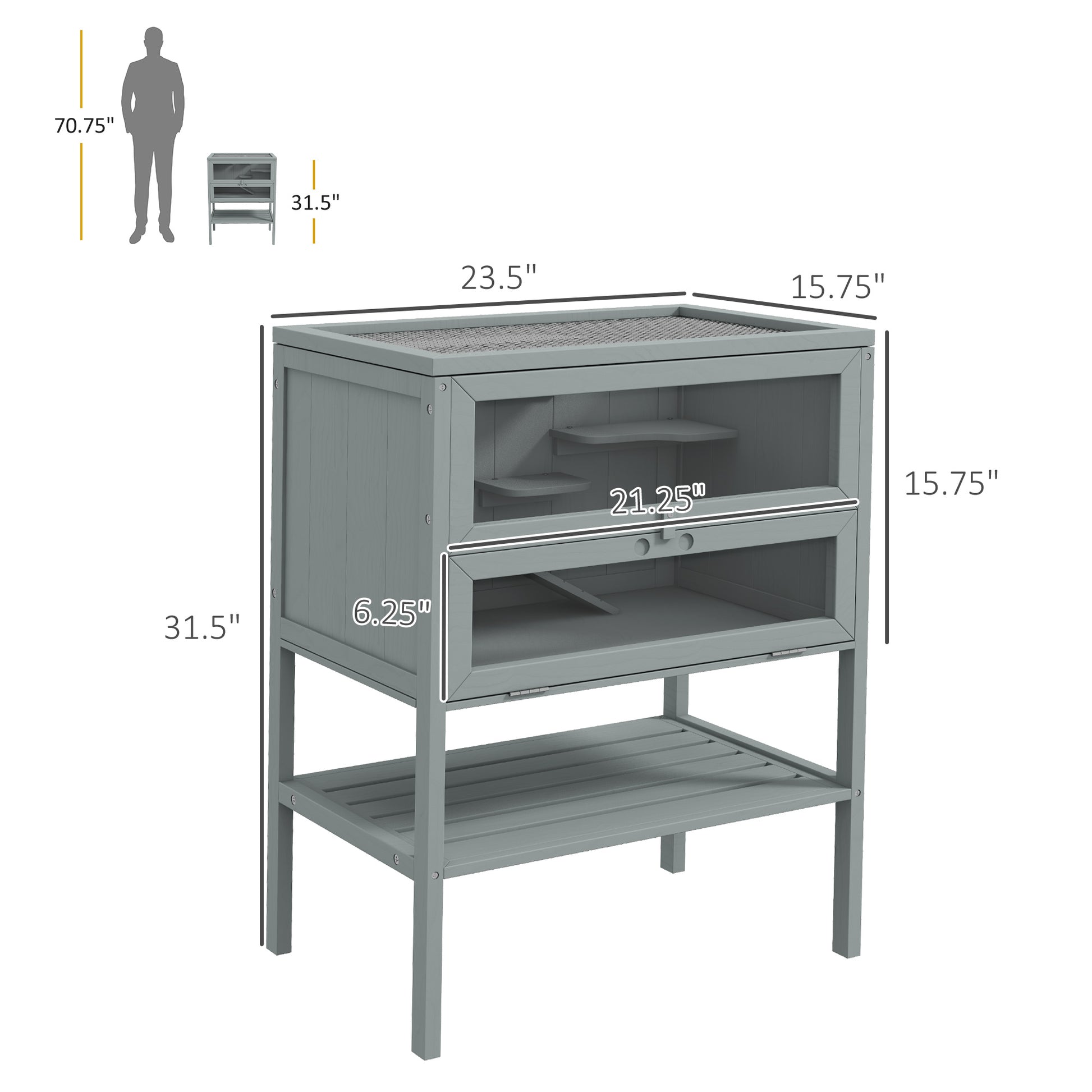 Pawhut 3 Tier Wooden Hamster Cage Mice And Rat Cage Small Animals Hutch With Openable Top, Front Door, Storage Shelf, Gray Gray Wood