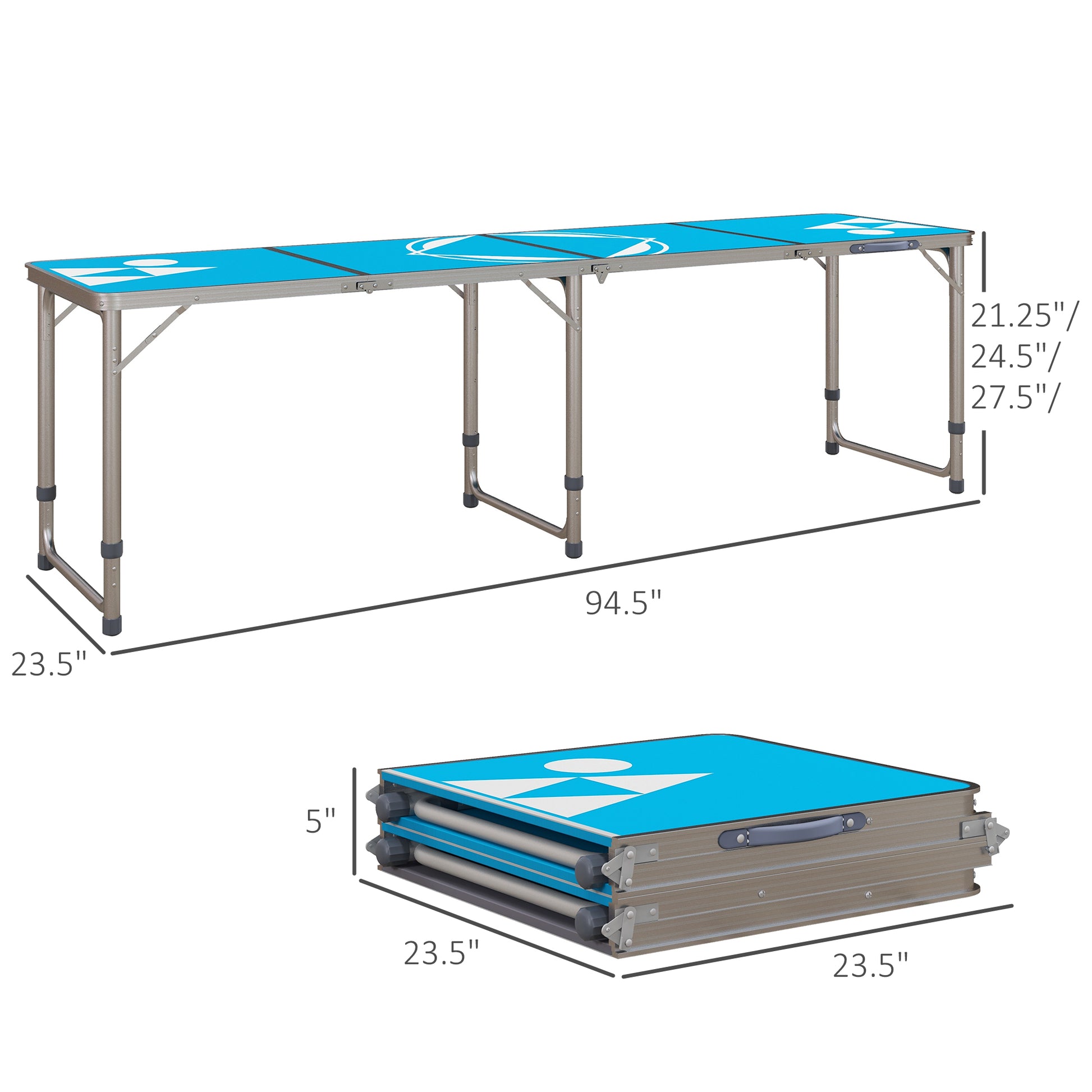 Outsunny 8Ft Portable Beer Pong Table With Adjustable Legs, Folding Camping Table, Aluminum Picnic Table, For Party, Travel, Bbq, Beach, Blue And White Blue Aluminum