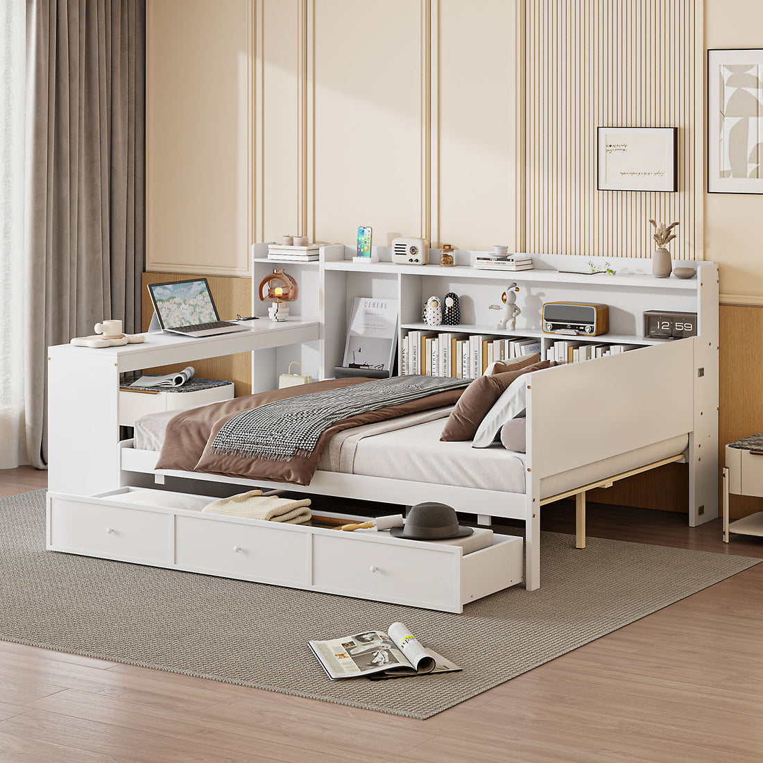 Full Size Wooden Daybed With 3 Drawers, Usb Ports And Desk ,White Full White Wood