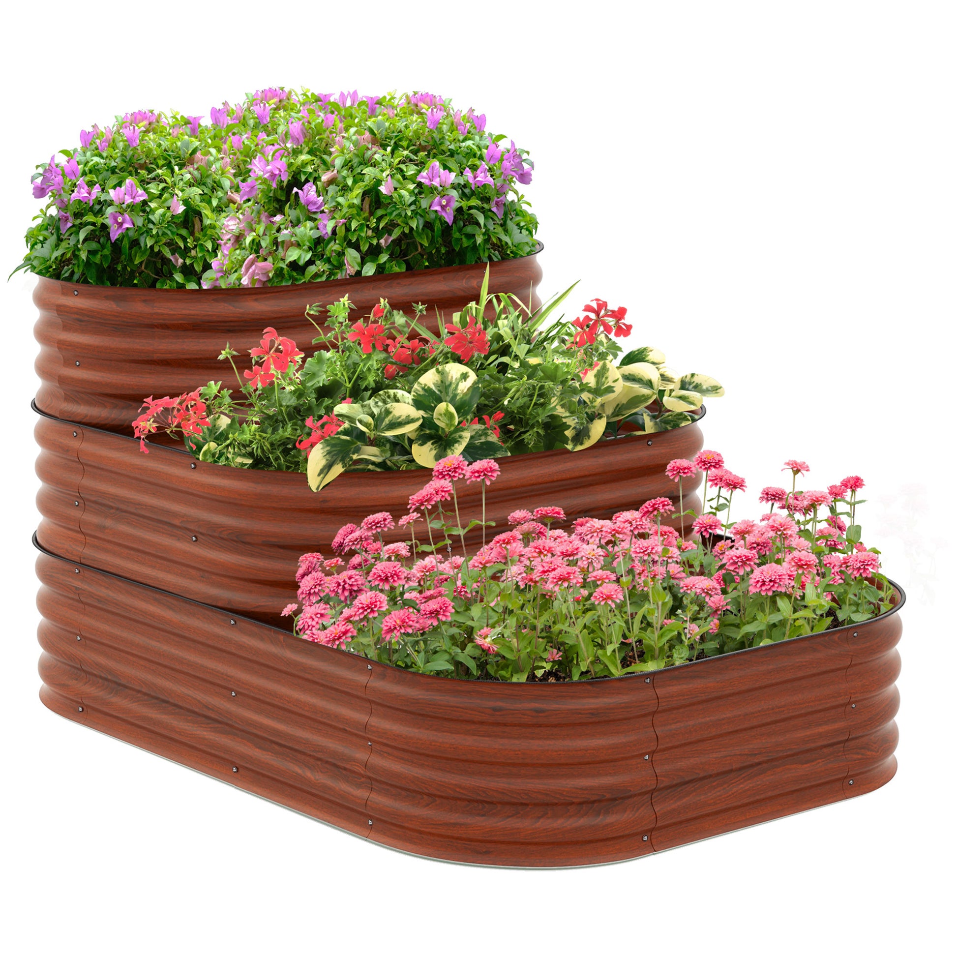 Outsunny 3 Tier Galvanized Steel Raised Garden Bed Kit, 62.25" X 43" X 32.25", 3 Combining Planter Boxes With Rubber Strip Edging, Open Bottom For Backyard, Garden, Patio, Brown Brown Zinc