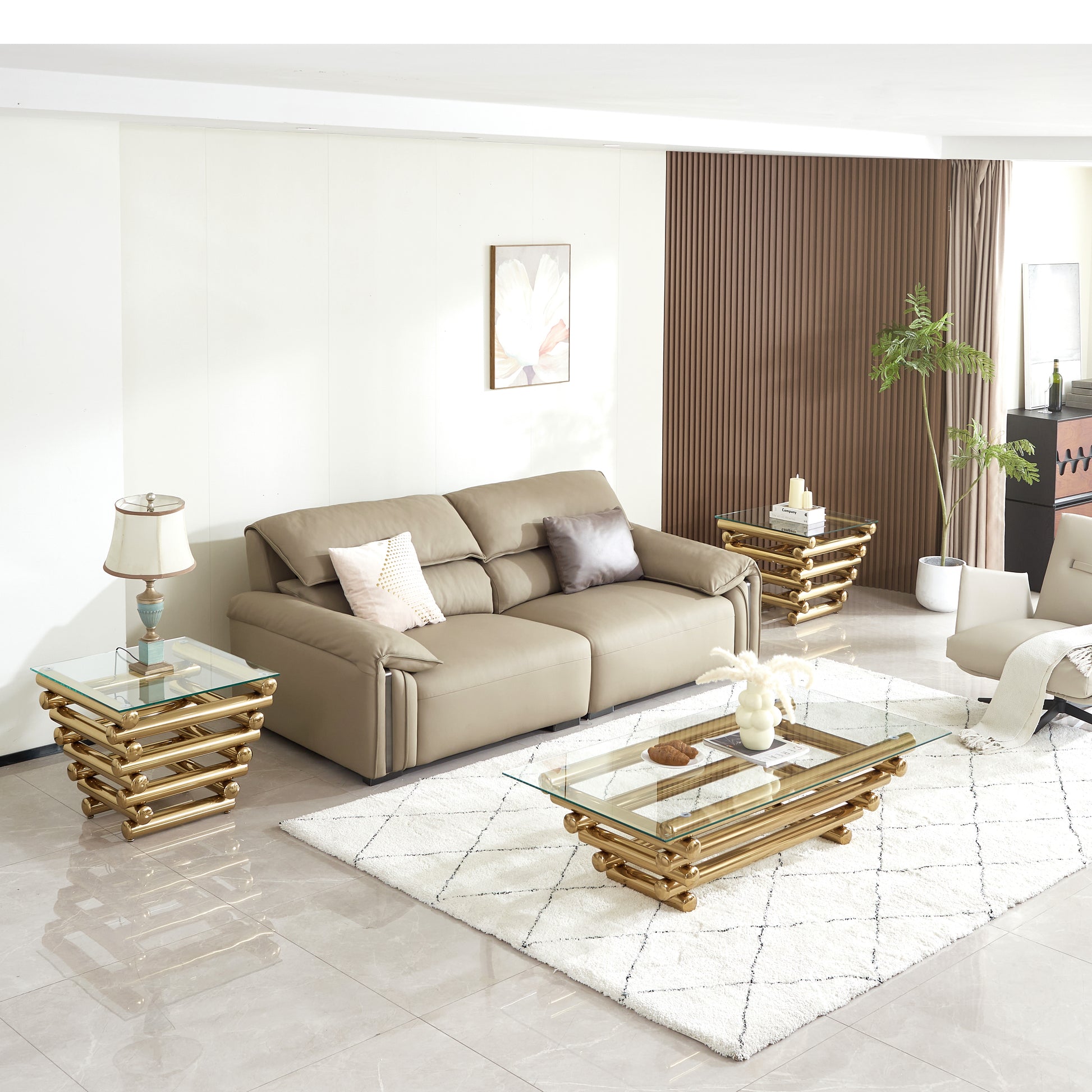 Modern Stainless Steel Coffee Table Set Set Of 3 , Clear Tempered Glass Table Top, Coffee Table & End Side Table 3 Pieces Sets For Living Room, Gold Clear,Gold Modern Open Storage Stainless