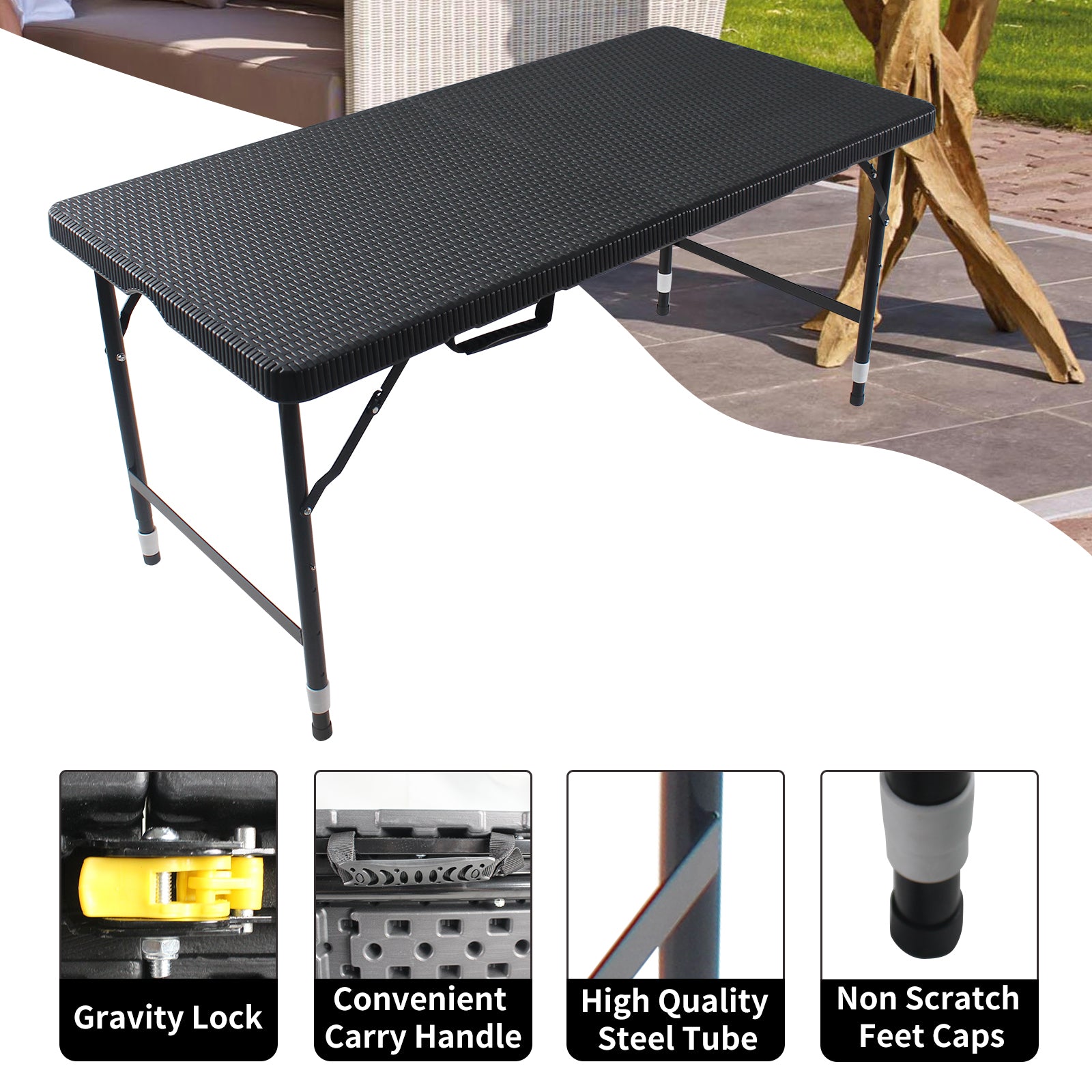 4Ft Rattan Folding Table For Indoor&Outdoor, Portable Foldable Table Rattan Plaited Black Black Garden & Outdoor Rattan