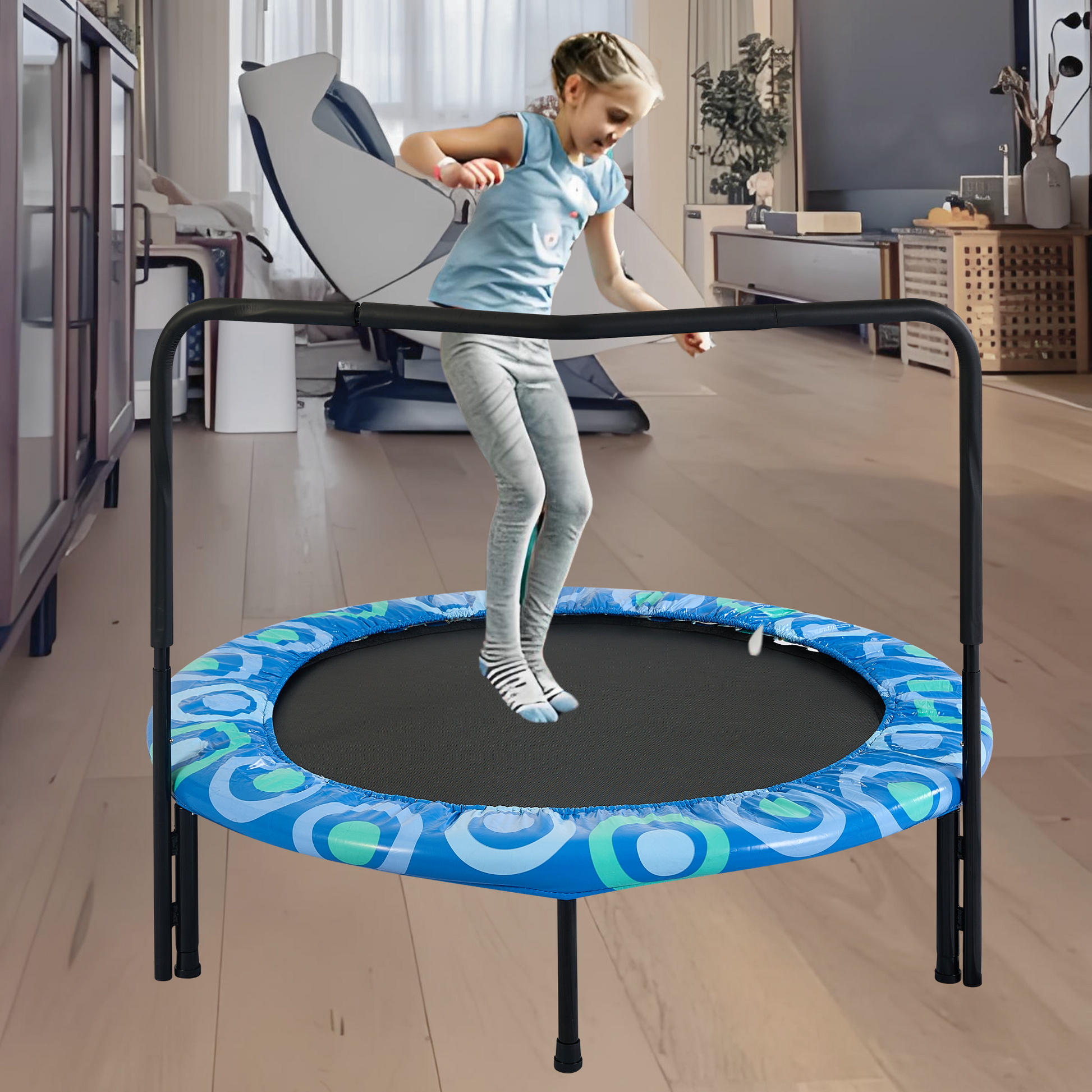 Xtp002 Assembled Children'S Trampoline Happy Expression Outdoor And Indoor For Kids Age 3 7 Blue Steel