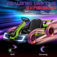 Aosom 24V 7.5 Mph Electric Go Kart With Adjustable Seat, Drifting Car Battery Powered Ride On Toy Outdoor With Slow Start, Button Start, Music, Honking Horn, Lights, For 6 12 Years Old, Green Green Iron Plastic
