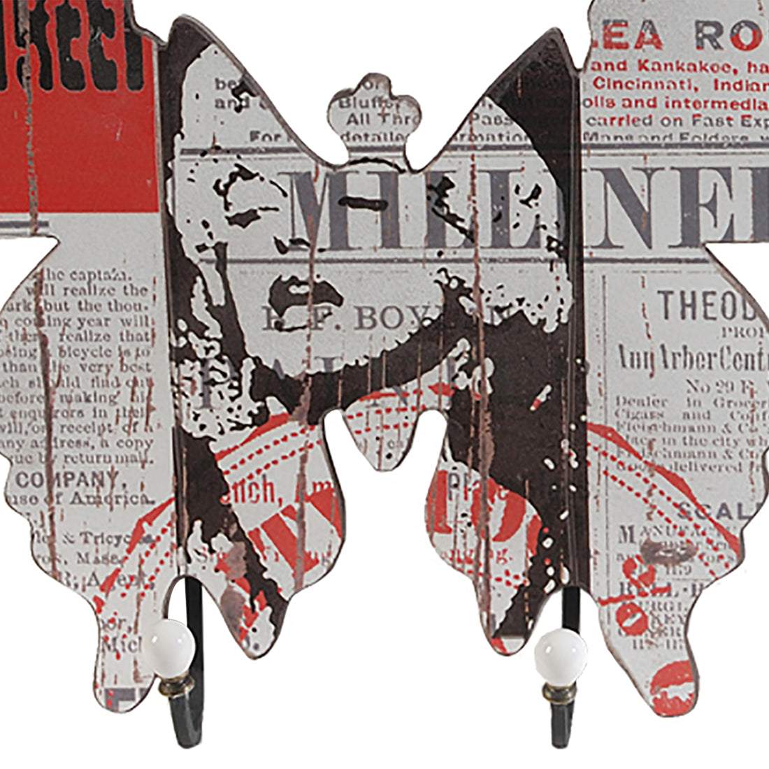 Butterfly Shaped Newspaper Print Wall Decor, Set Of 2, Multicolor Multicolor Wood Metal