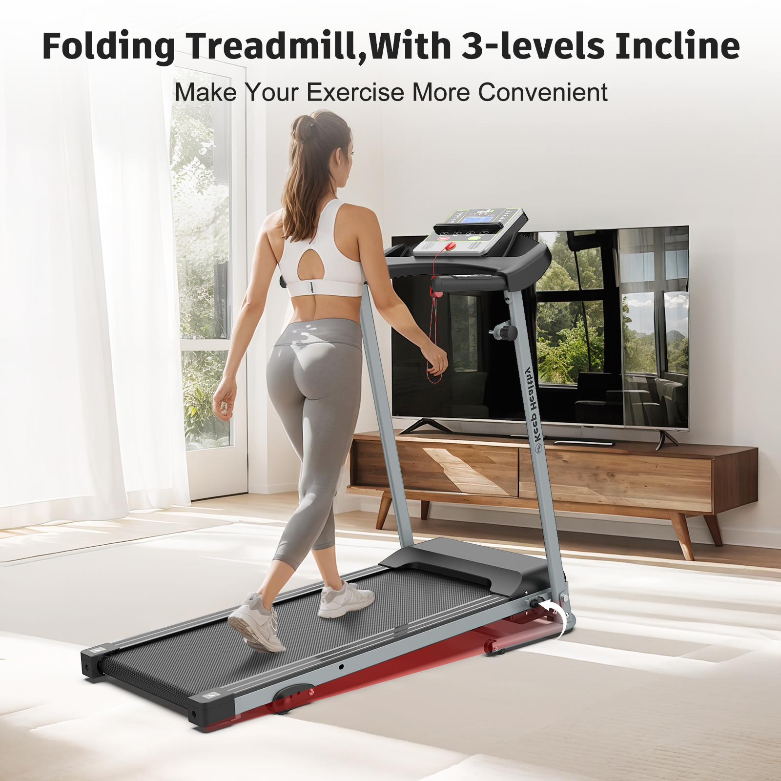 Folding Treadmill With Incline 2.5Hp 12Km H Electric Treadmill For Home Foldable, Bluetooth Music Cup Holder Heart Rate Sensor Walking Running Machine For Indoor Home Gym Exercise Fitness Silver Grey Stainless Steel