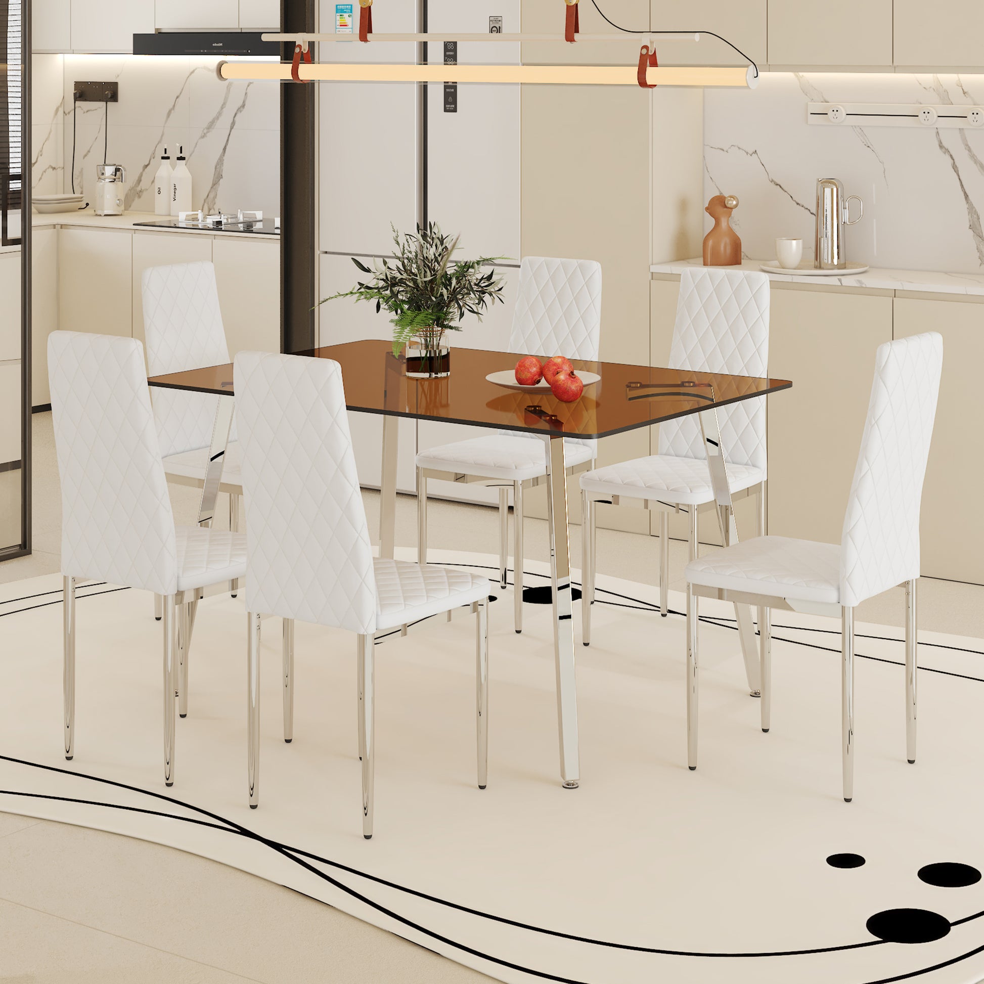 Table And Chair Set.Large Modern Rectangular Table With Brown Glass Top And Silver Metal Legs. Paired With 6 White Chairs With Checkered Armless High Back Pu Cushion And Silver Metal Legs.