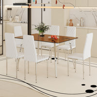 Table And Chair Set.Large Modern Rectangular Table With Brown Glass Top And Silver Metal Legs. Paired With 6 White Chairs With Checkered Armless High Back Pu Cushion And Silver Metal Legs.