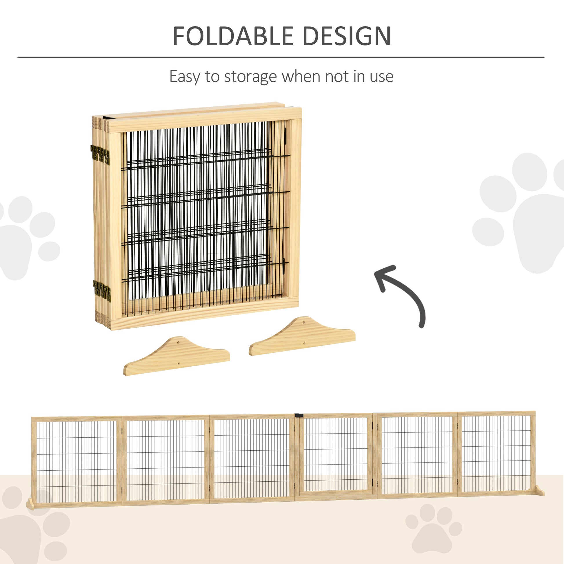 Pawhut Wooden Dog Gate, 170" Freestanding Pet Gate, 6 Panel Foldable Dog Safety Barrier With 2 Support Feet For House Doorway Stairs, Small And Medium Dogs, Natural Wood Natural Wood Wood