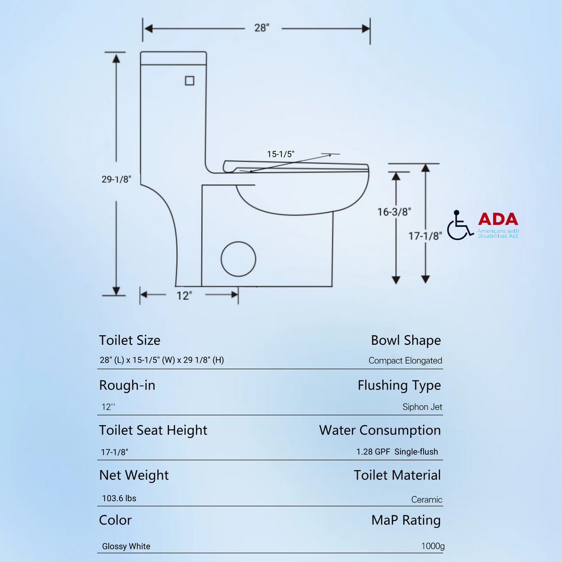 1.28 Gpf One Piece Toilet Single Flushwater Saving Elongated Comfort Height Floor Mounted, Soft Closing Seat, 1000 Gram Map Flushing Score Toilet, Gloss White 23T03 Gw White Ceramic