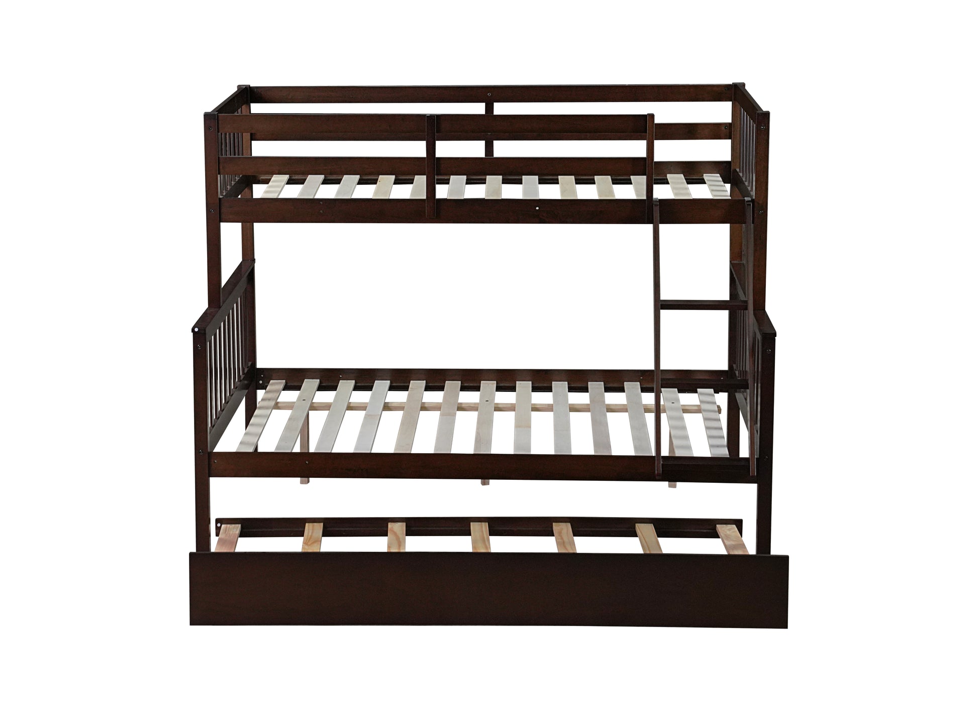 Twin Over Full Rubber Wood Bunk Bed With Trundle, Convertible Ladder And Guardrail, Detachable, Convertible Bed, With Twin Size Trundle ,Espresso Twin Espresso Rubber Wood