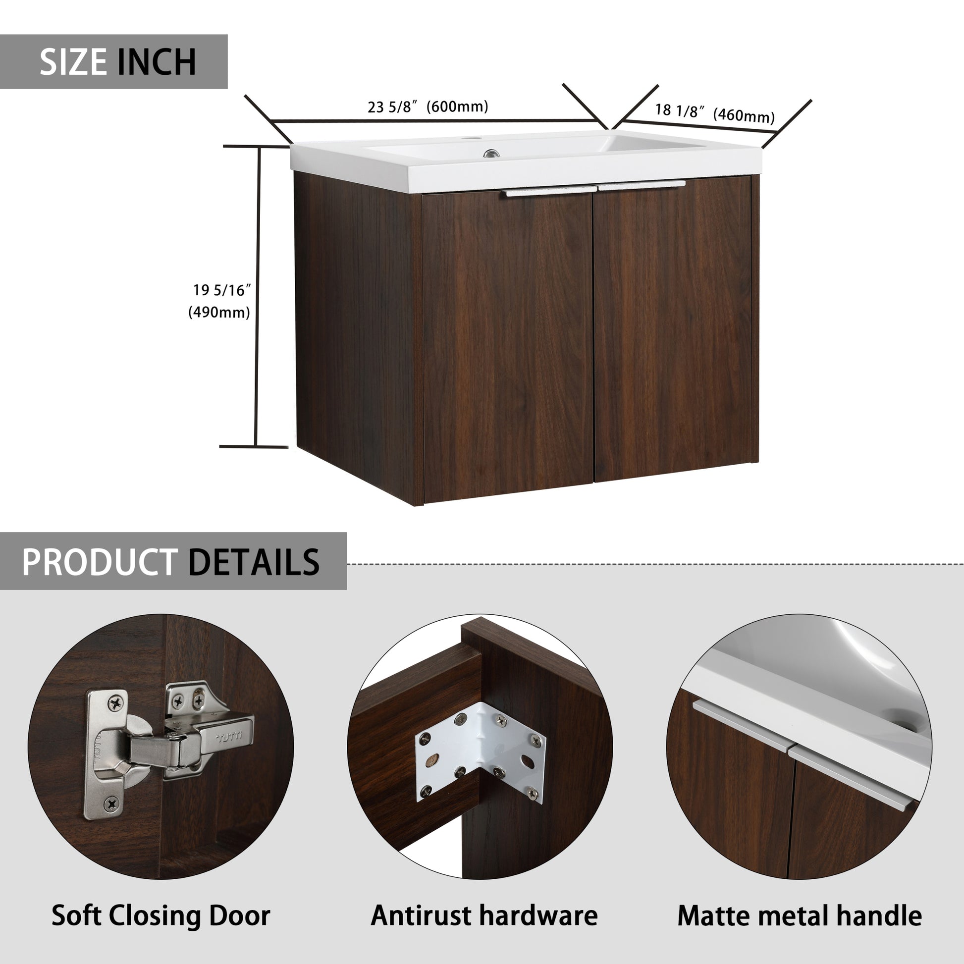 Bathroom Cabinet With Sink,Soft Close Doors,Float Mounting Design,24 Inch For Small Bathroom,24X18 00624Caw Kd Packing California Walnut 2 Bathroom Wall Mounted Modern Plywood Plywood