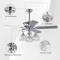 52'' Crystal Ceiling Fan Lamp With Remote Control 3 Speed High, Mid, Low , 5 Reversible Blades For Living Room, Dining Room, Bedroom, Family Room, Chrome ,3Pcs*E26 No Include Bulb Chrome American Traditional,Antique,Classic,Contemporary Plywood Metal