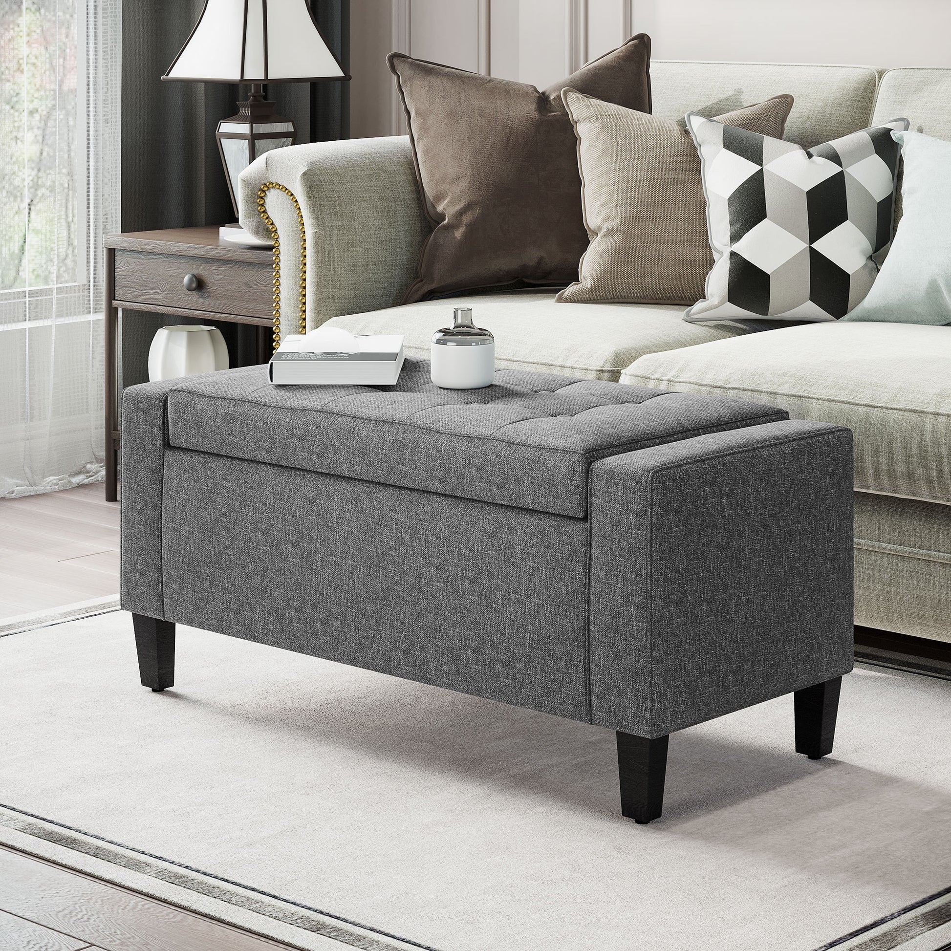 Homcom Storage Ottoman, Linen Upholstered Storage Bench With Lift Top And Button Tufted For Living Room, Gray Gray Polyester