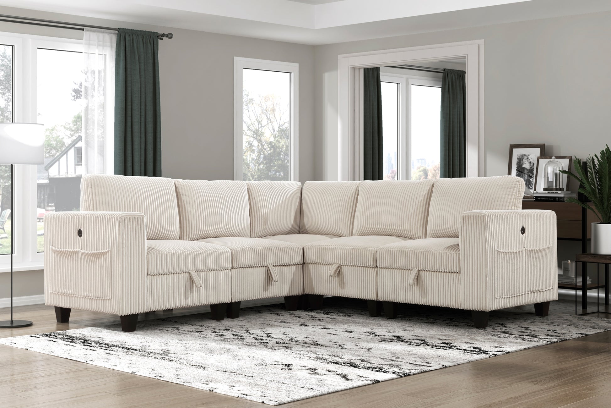 Modern Living Room Furniture 1Pc Beige Chair With One Arm, Storage Pouch And Charging Ports Corduroy Fabric Upholstery Beige Primary Living Space Contemporary,Modern Solid Wood
