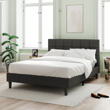 Upholstered Platform Bed Square Stitch King Grey Wood Upholstered