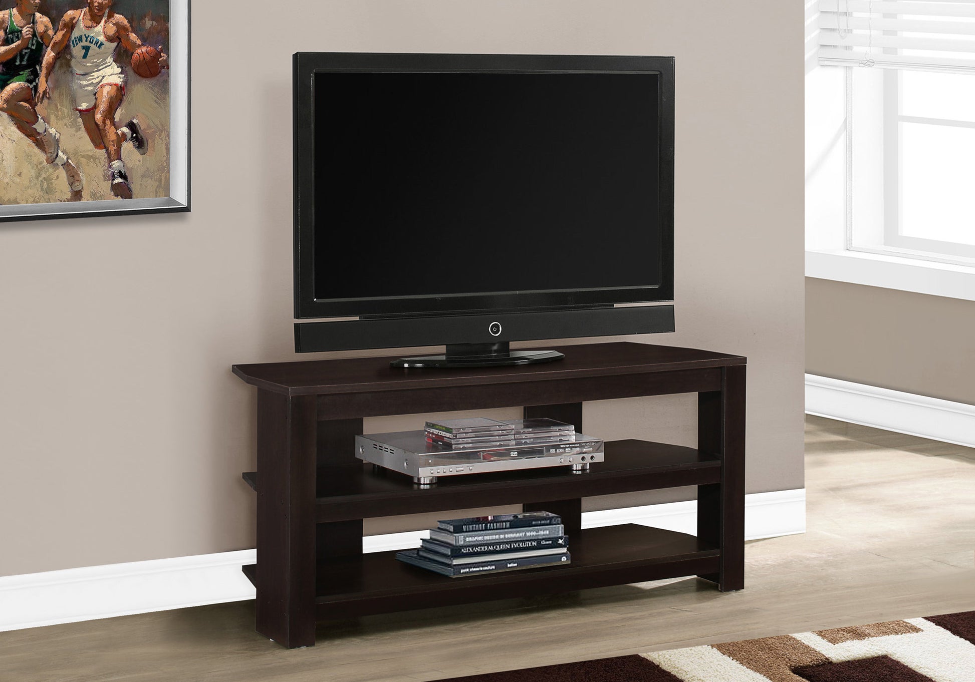 Tv Stand, 42 Inch, Console, Media Entertainment Center, Storage Shelves, Living Room, Bedroom, Brown Laminate, Contemporary, Modern Espresso 80 89 Inches Particle Board